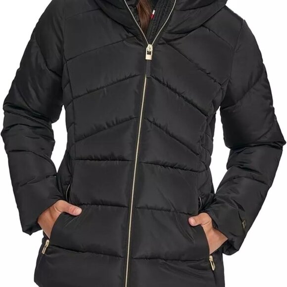 Tommy Hilfiger Women's Zip-up Short Puffer Coat Size L Black Zippered Pockets - Picture 2 of 16